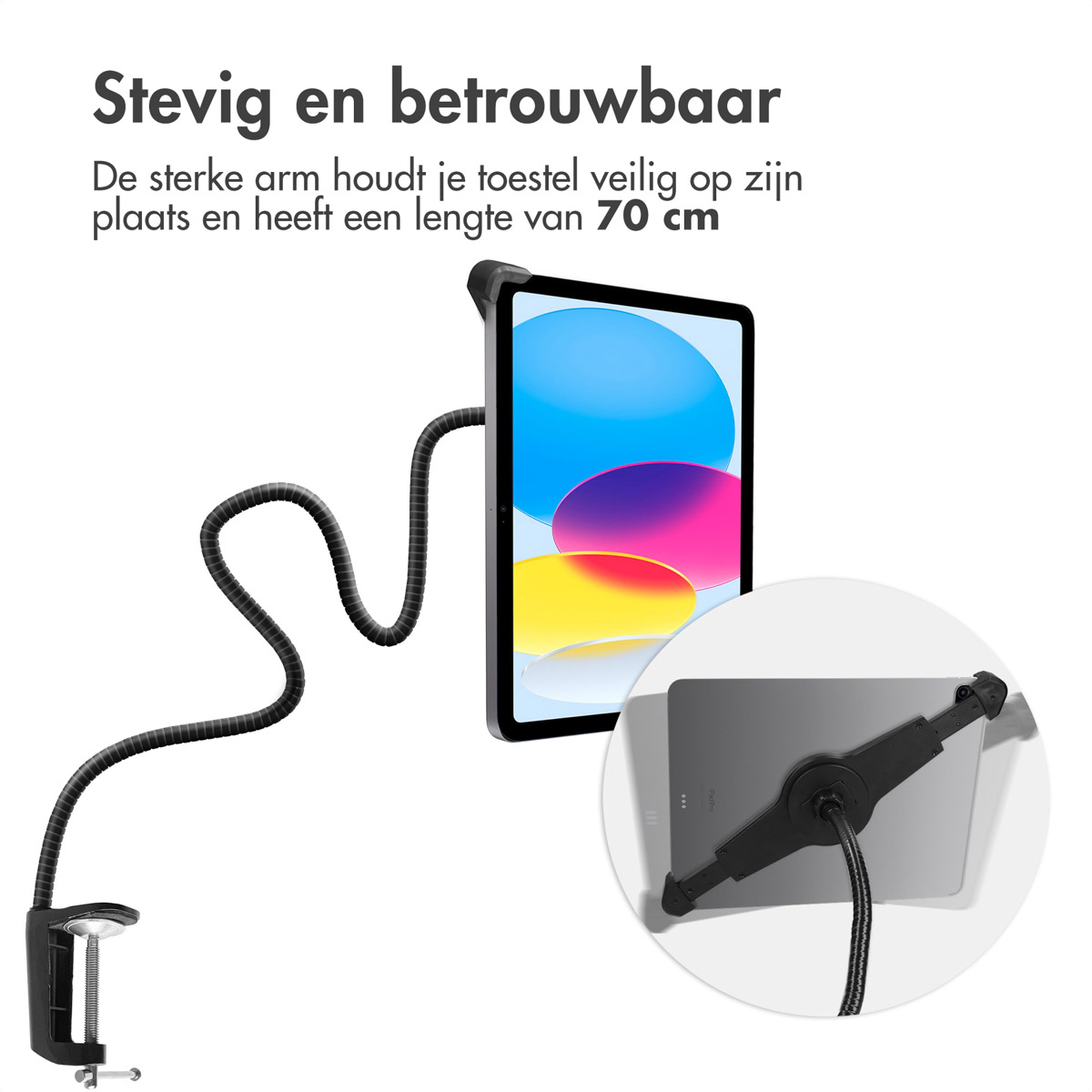 Black gooseneck arm with clamp holds a tablet with a colorful wallpaper.