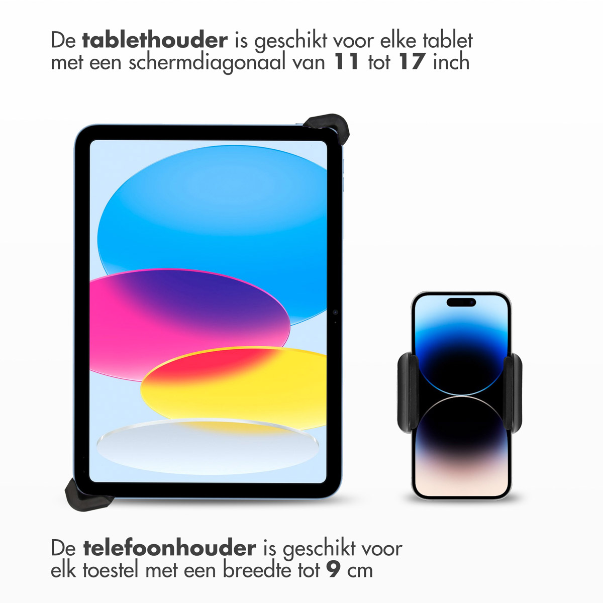 A tablet in a holder and a smartphone in a holder.
