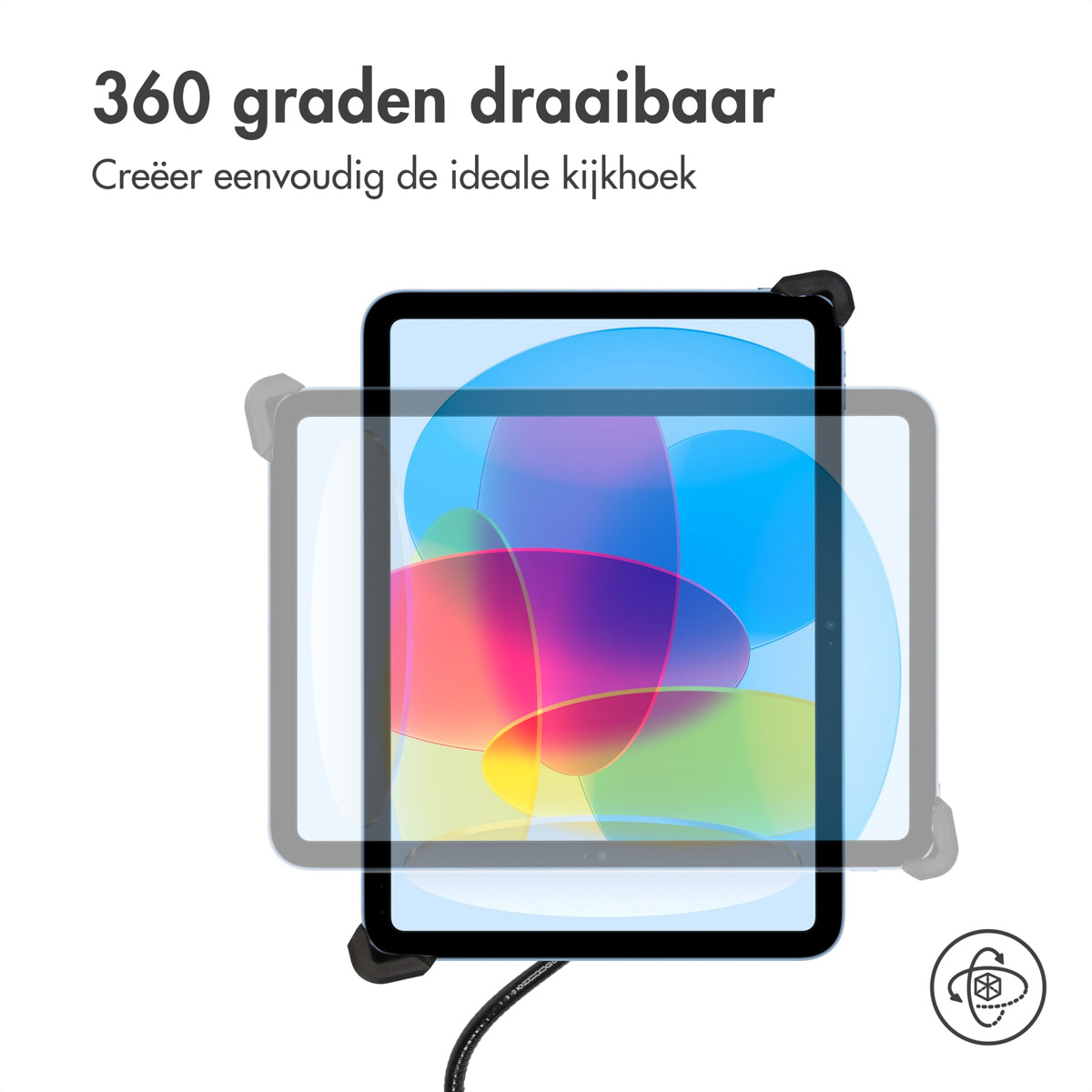 A tablet in a mount allowing 360-degree rotation. Created for optimal viewing.