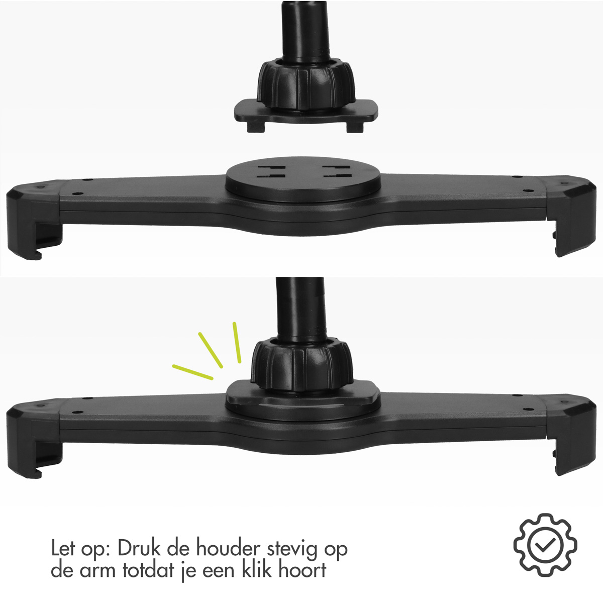 Two views of a black tablet holder with assembly instructions.