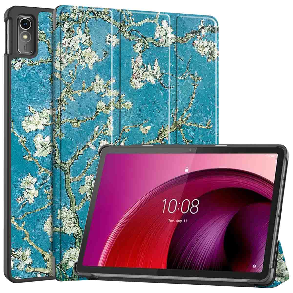 Tablet in a case with a floral design. The screen shows a clock. The case is blue, the background is white.