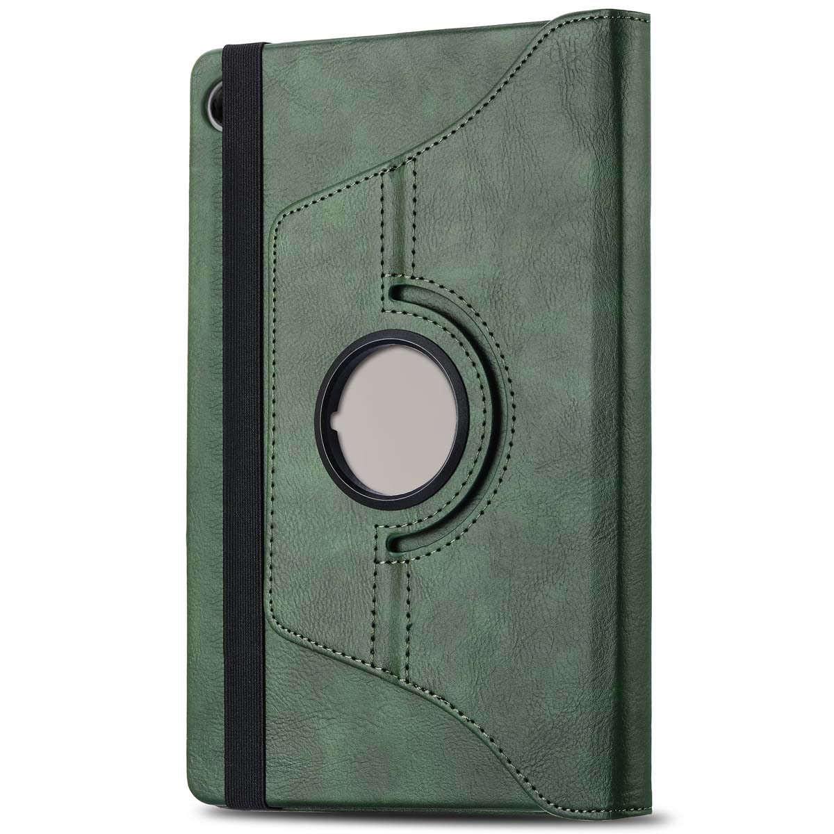 Étui de tablette vert avec une sangle élastique noire et une découpe circulaire pour la caméra.