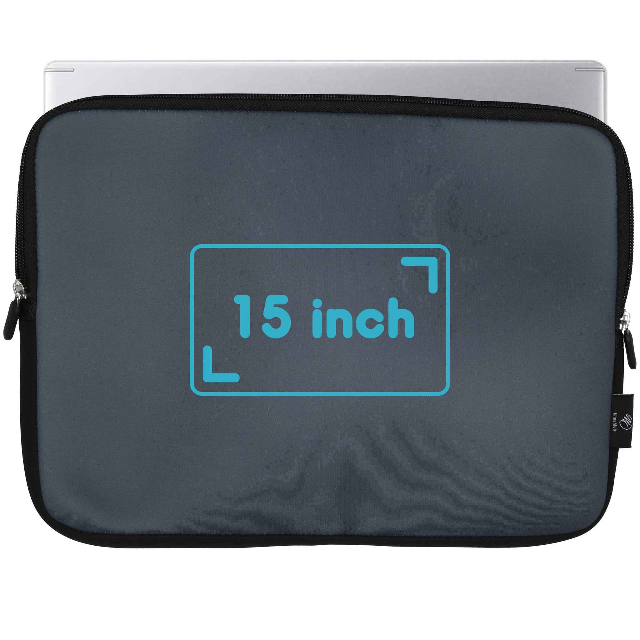 Graue Laptoptasche mit 15-Zoll-Aufschrift und Reißverschluss.