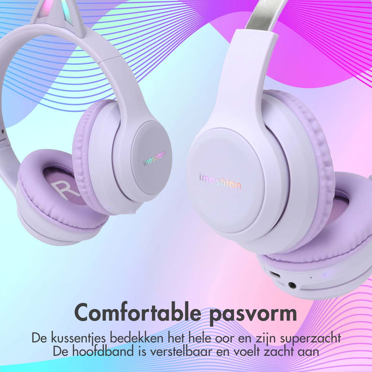 IMOSHION Kinderkoptelefoon met LED Verlichte Kattenoortjes - AUX / Bluetooh Kinder Koptelefoon Lila