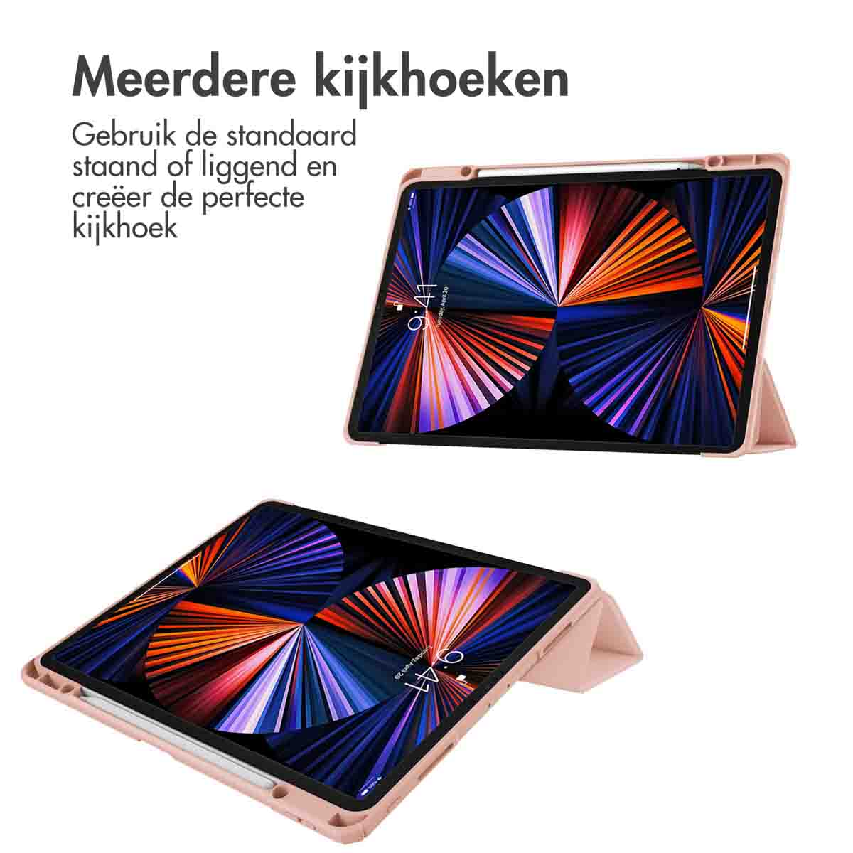 Tablets with cases, in two positions. The case is pink. The tablet screen is on.