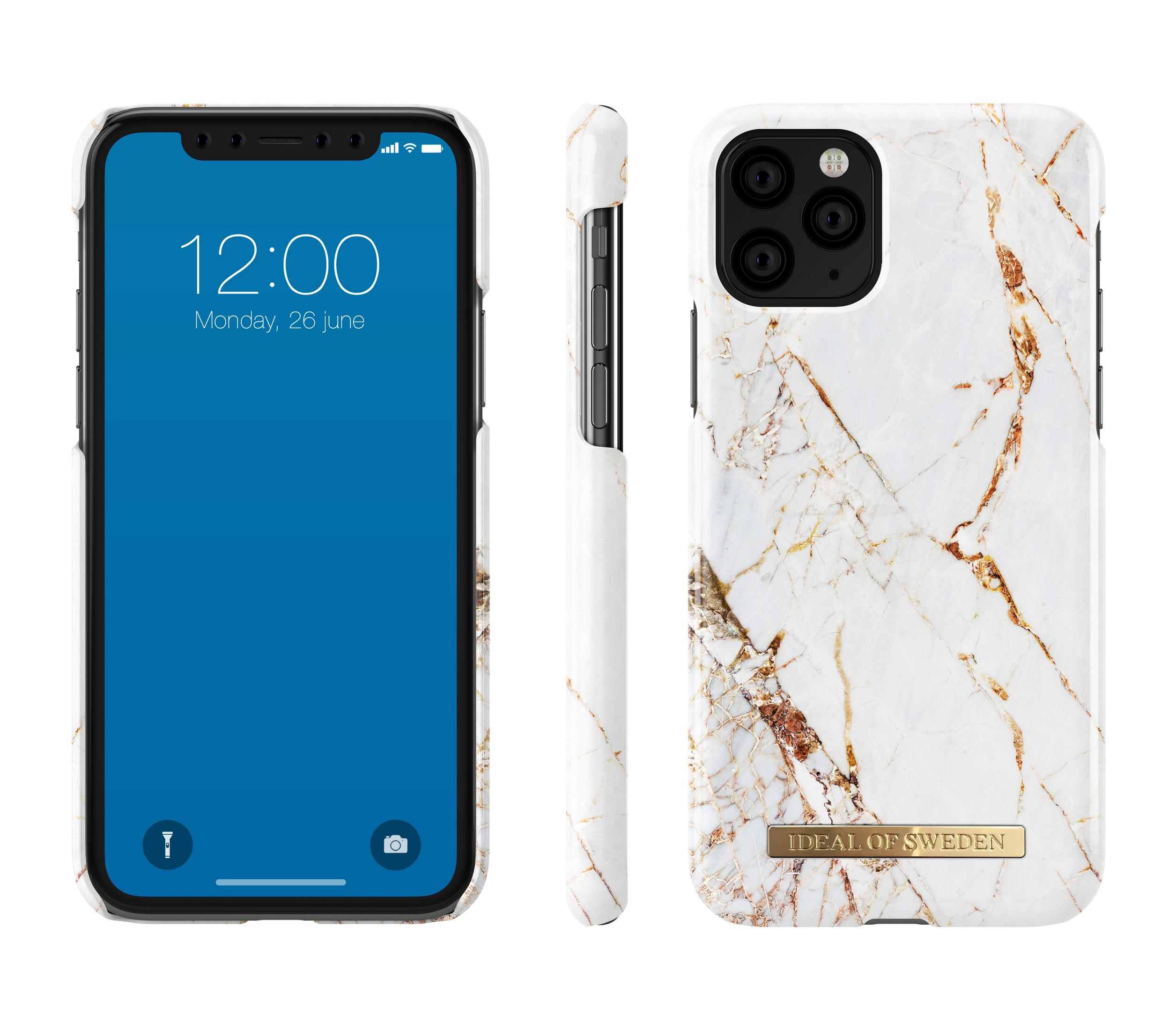 iPhone con funda de mármol. Vista lateral con marco negro. Vista frontal con pantalla azul y fecha.