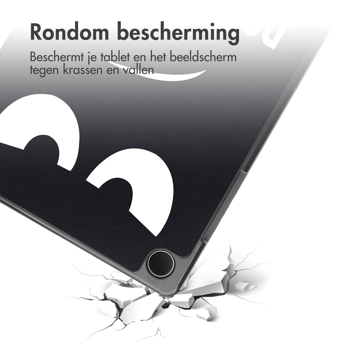 Tablet in a case, with a corner broken off, showing the case's protection.