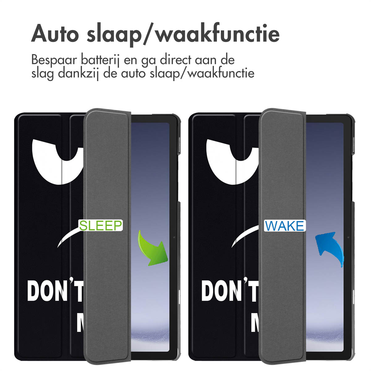 Tablet case with sleep/wake function, shown with two cases, opened and closed.