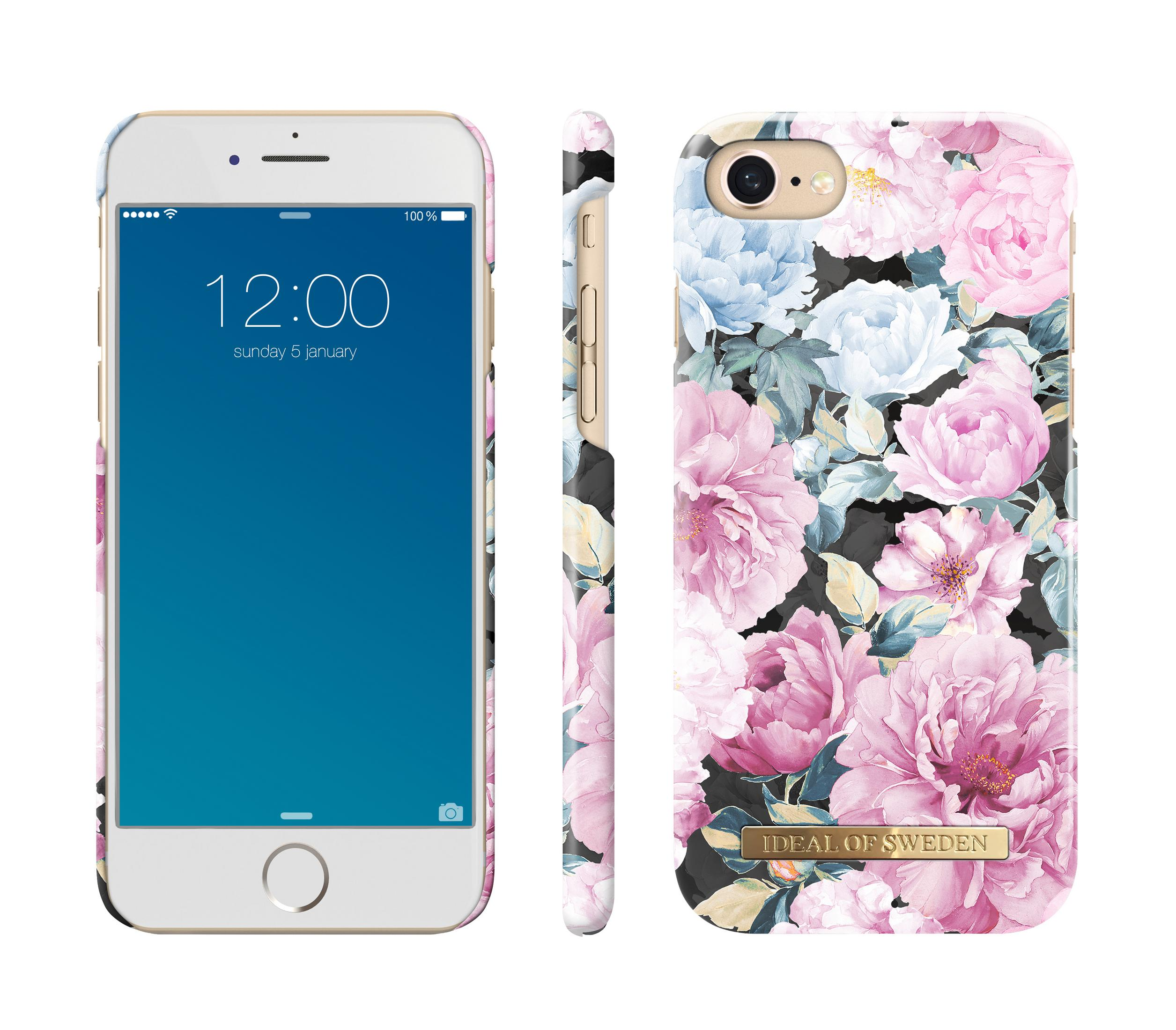 Handyhülle mit floralem Design, zeigt das Telefon. Rosa und blaue Blumen auf schwarzem Hintergrund.