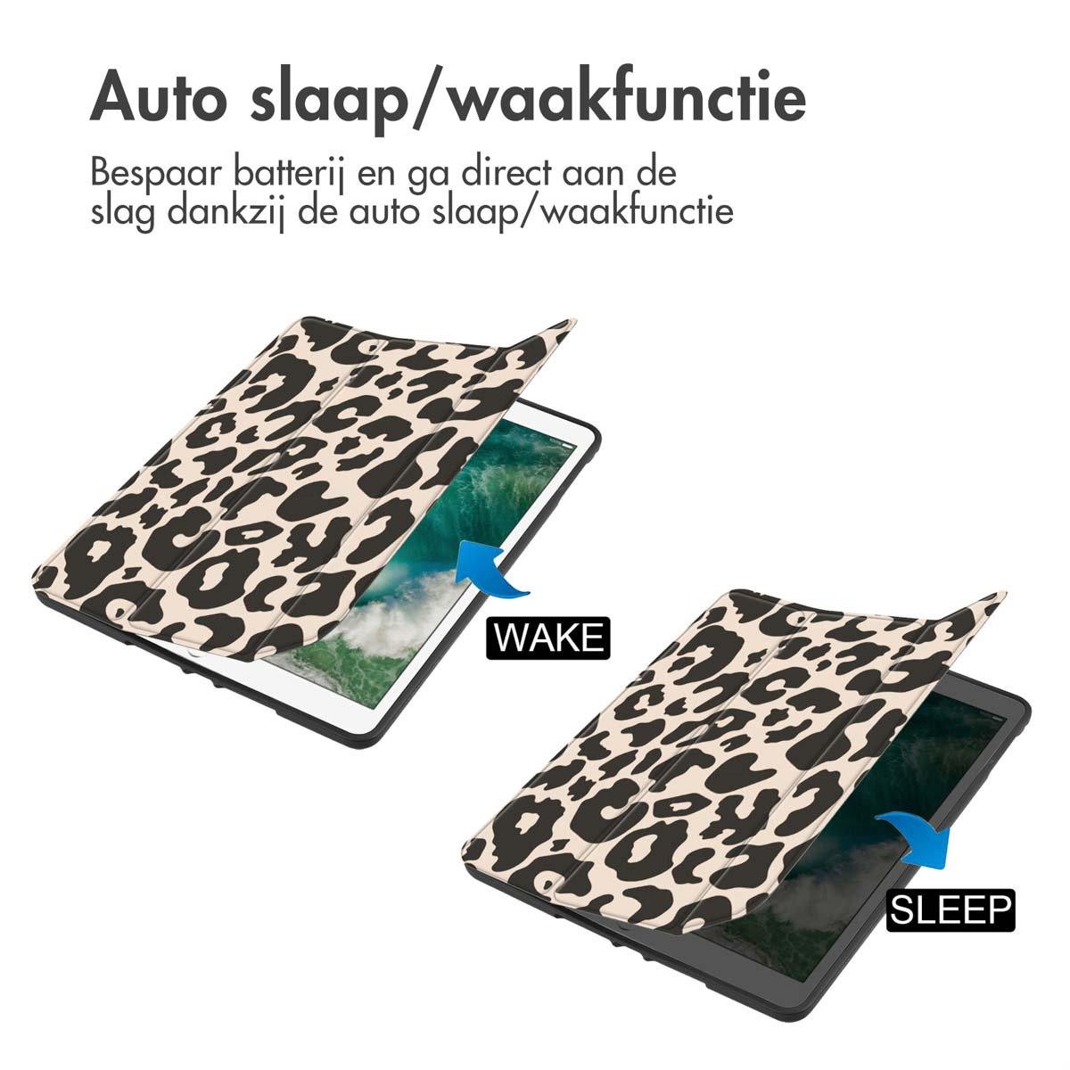 Tablets in een hoesje, met de klep open. Tekst: Automatische slaap/waak-functie. De achtergrond is wit.