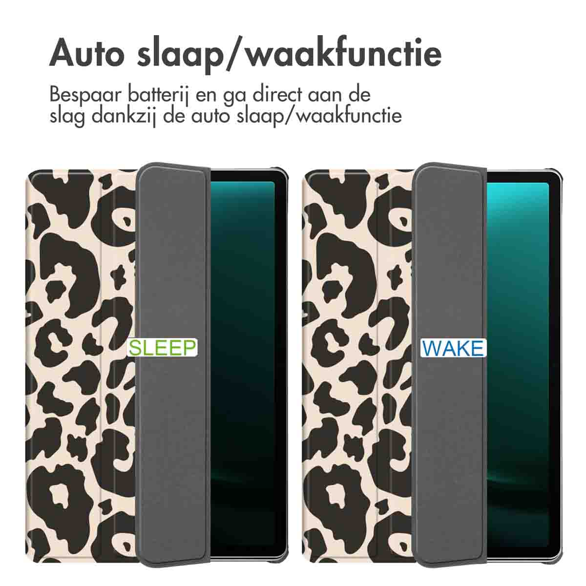 Twee tablethoesjes met luipaardprint tonen slaap- en waakfuncties.