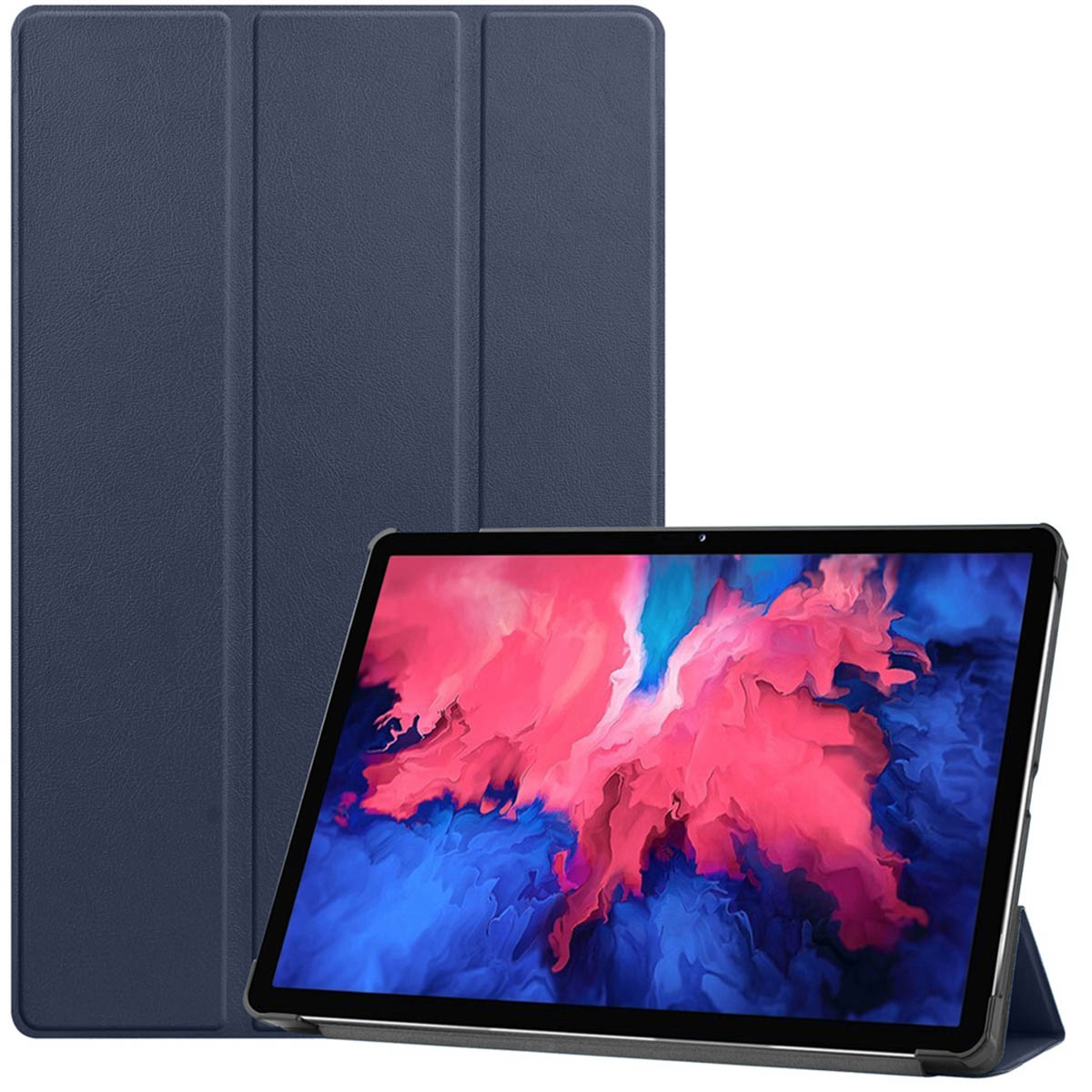 Blue tablet case with a tablet inside. The tablet displays a colorful screen. White background.