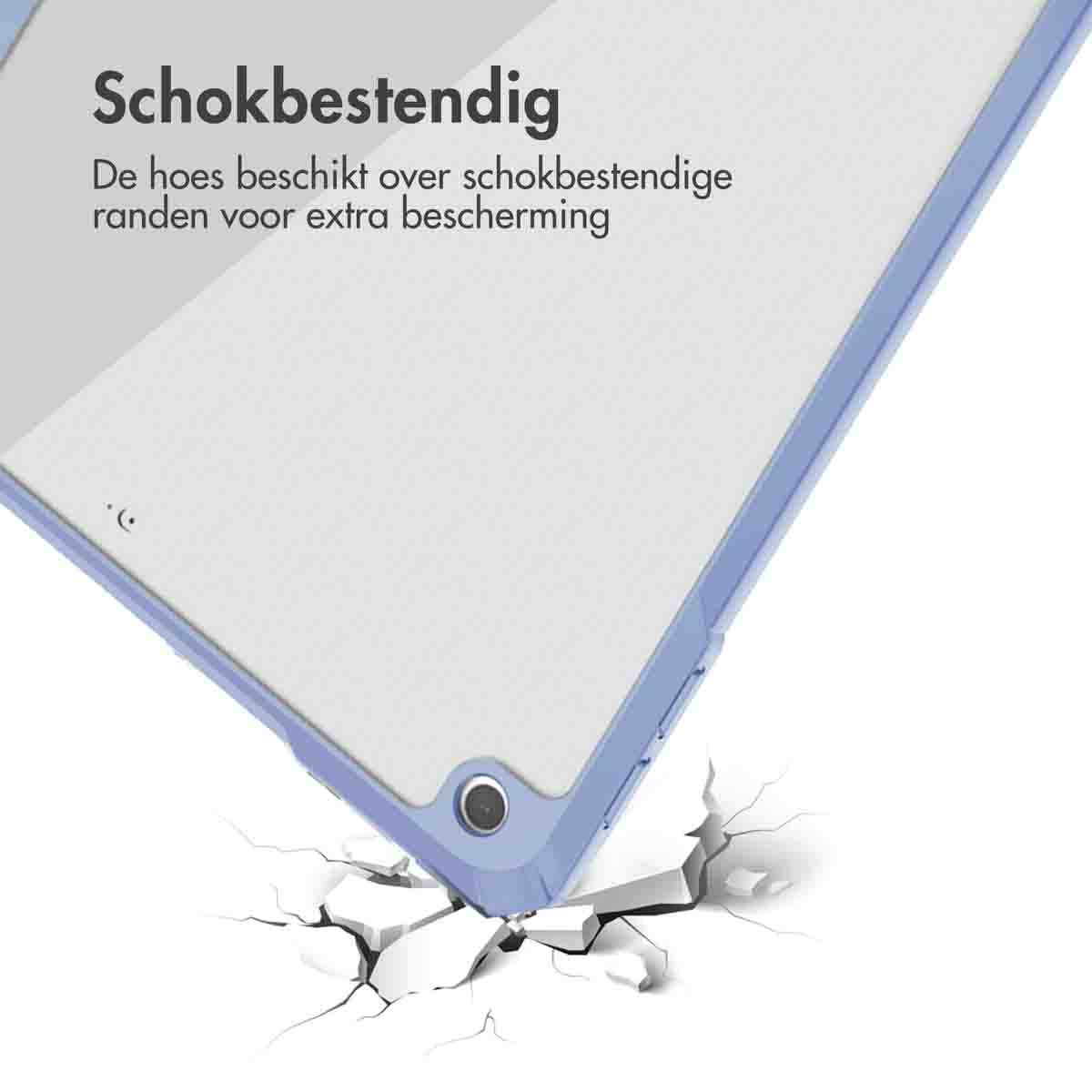A tablet case, showing a corner after impact. The case is blue and shows impact protection on the edge.