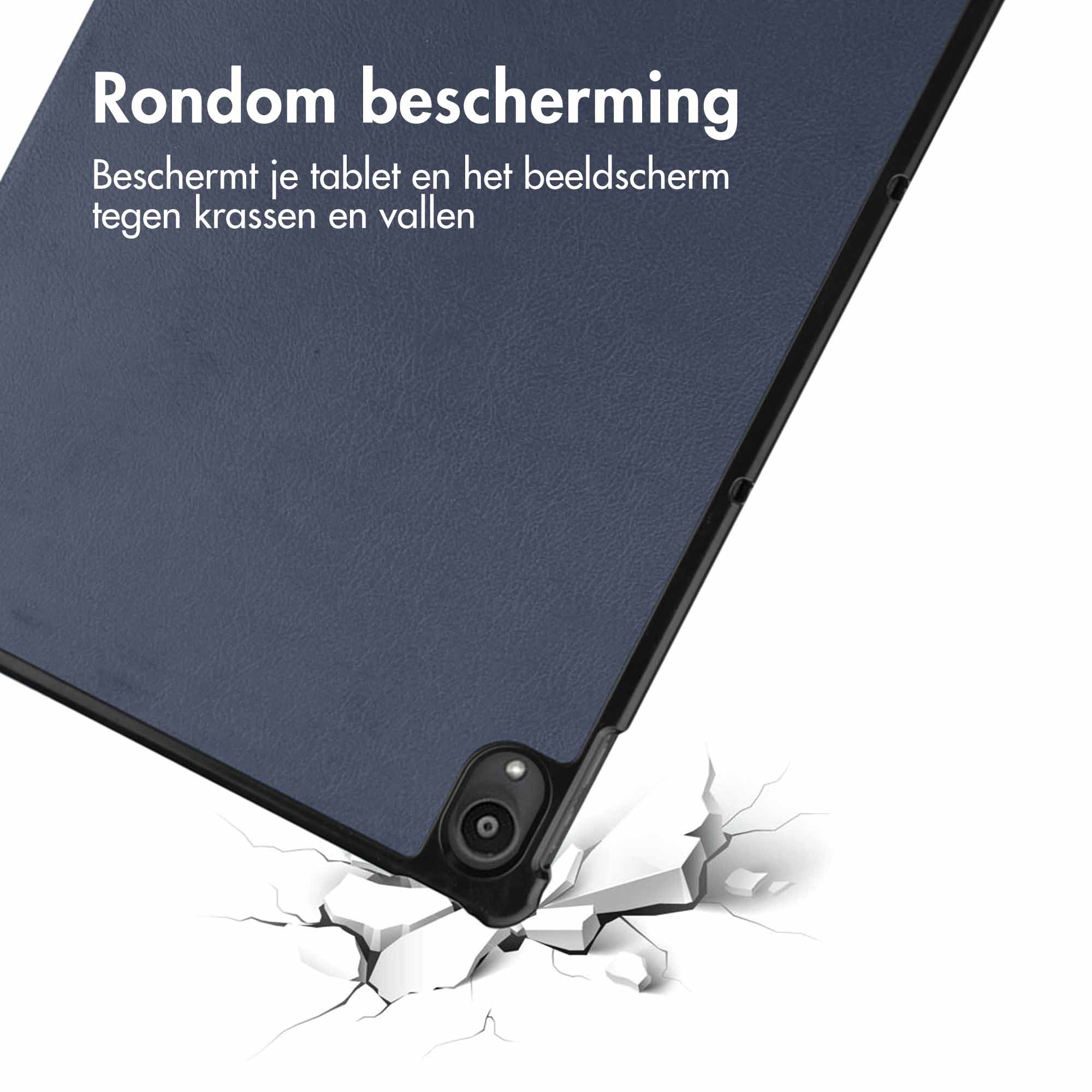 Blue tablet case, bottom corner is touching the ground. Tablet showing a screen. Cracks are below.
