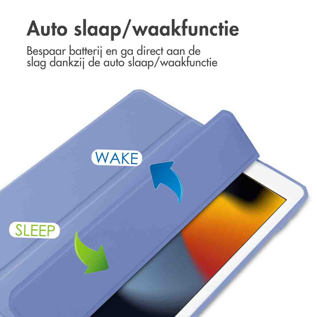 Tablet case with 'SLEEP' and 'WAKE' labels. Blue cover. Arrows indicate open and close states.