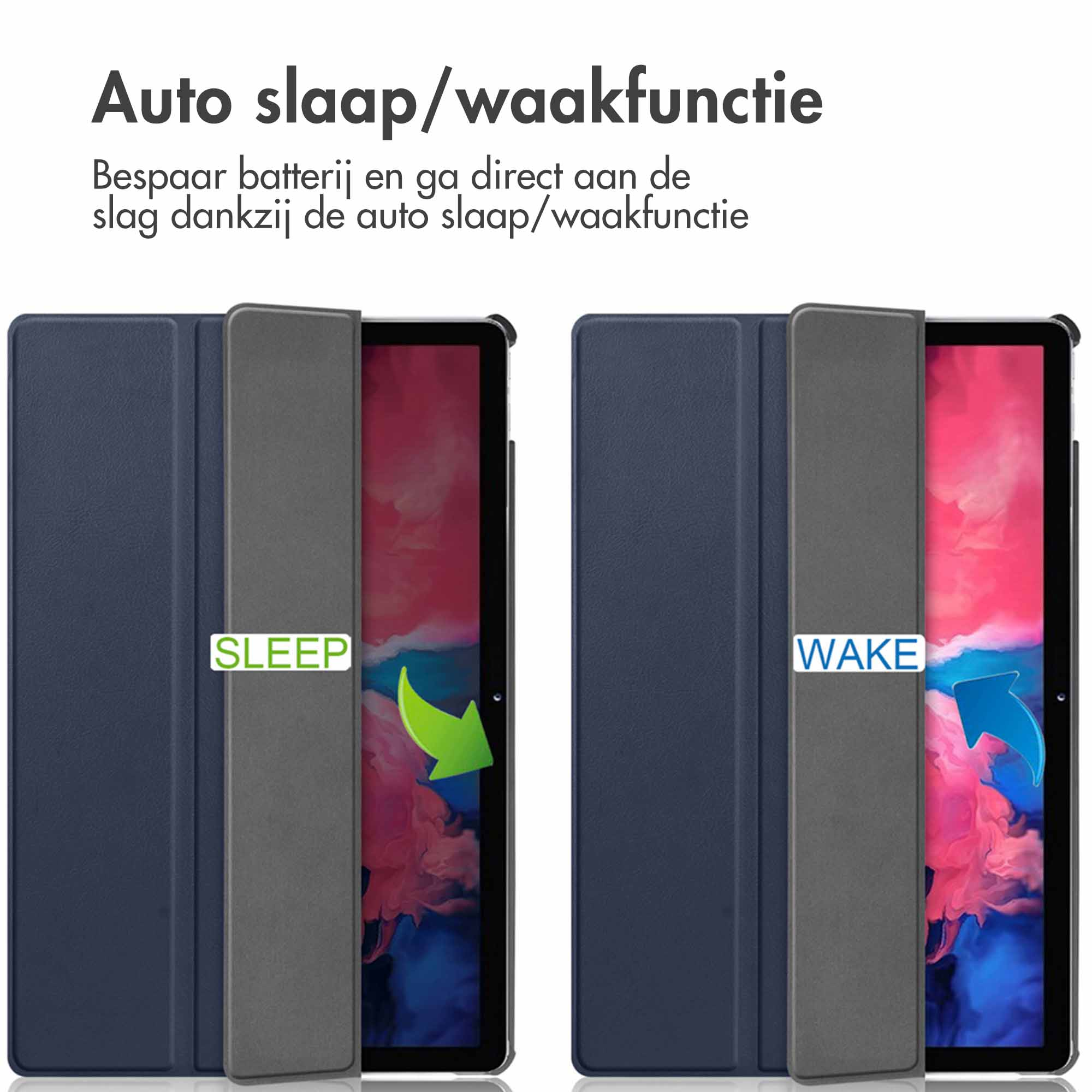 Tablet case with sleep/wake function. Two tablets are displayed. The background is white.