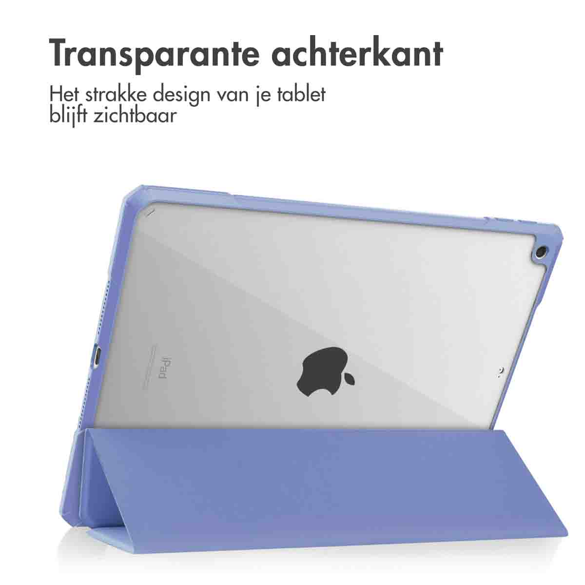 Tablet in a blue case, showing the transparent back. The case is open.