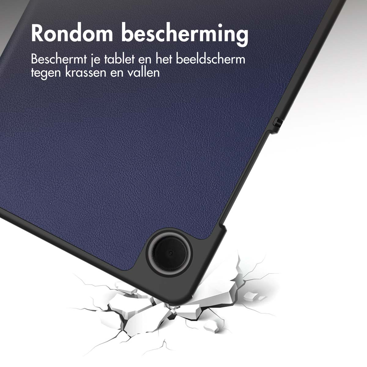 Dunkelblaues Tablet-Case schützt vor Stürzen, mit Riss-Effekt.