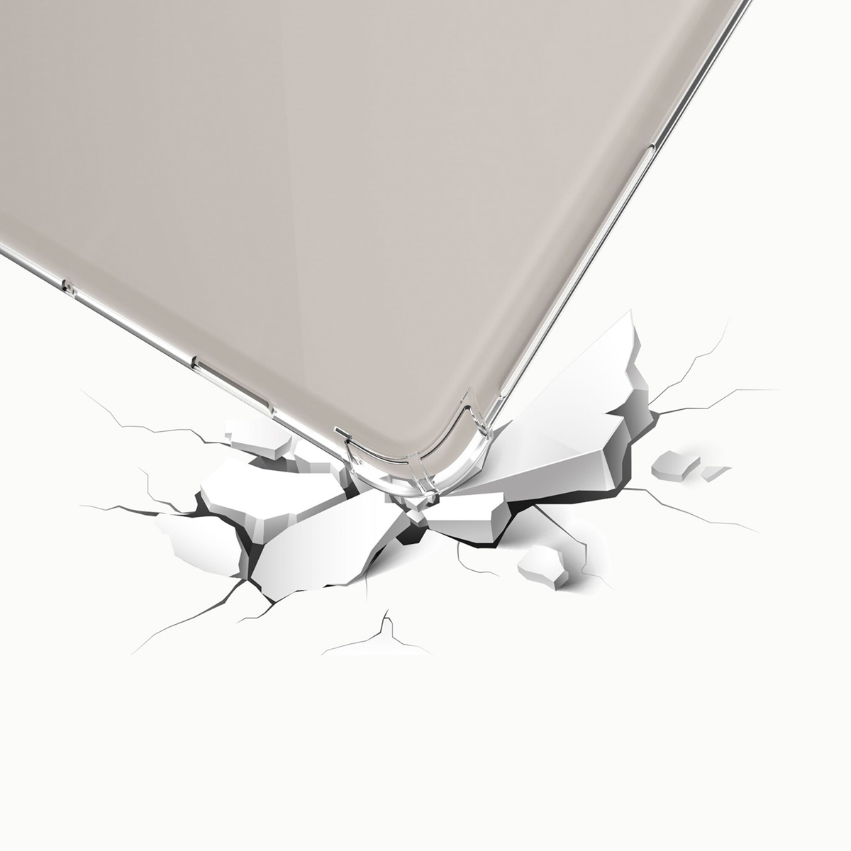 A clear case breaking through a white surface.