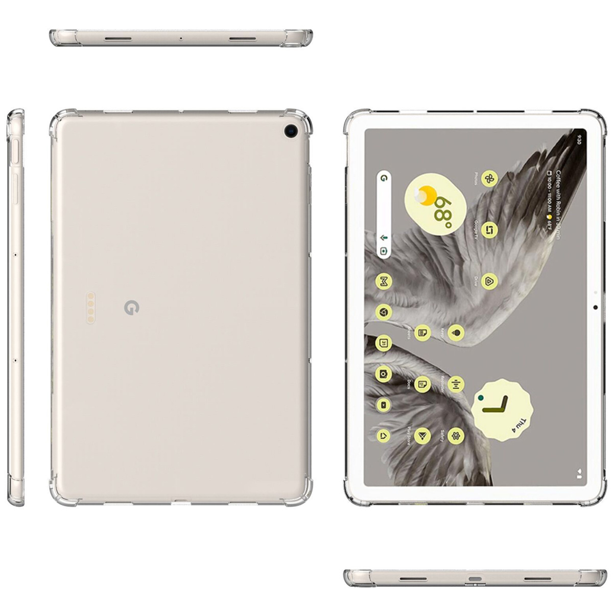 A clear case on a tablet showing front and back views. The screen displays icons and a bird's wing.