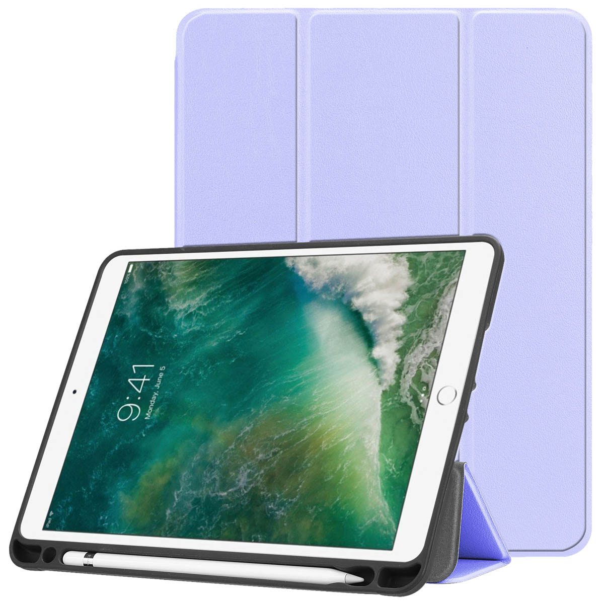 Tablet in a case, propped up. Pen in a slot. The case is purple.