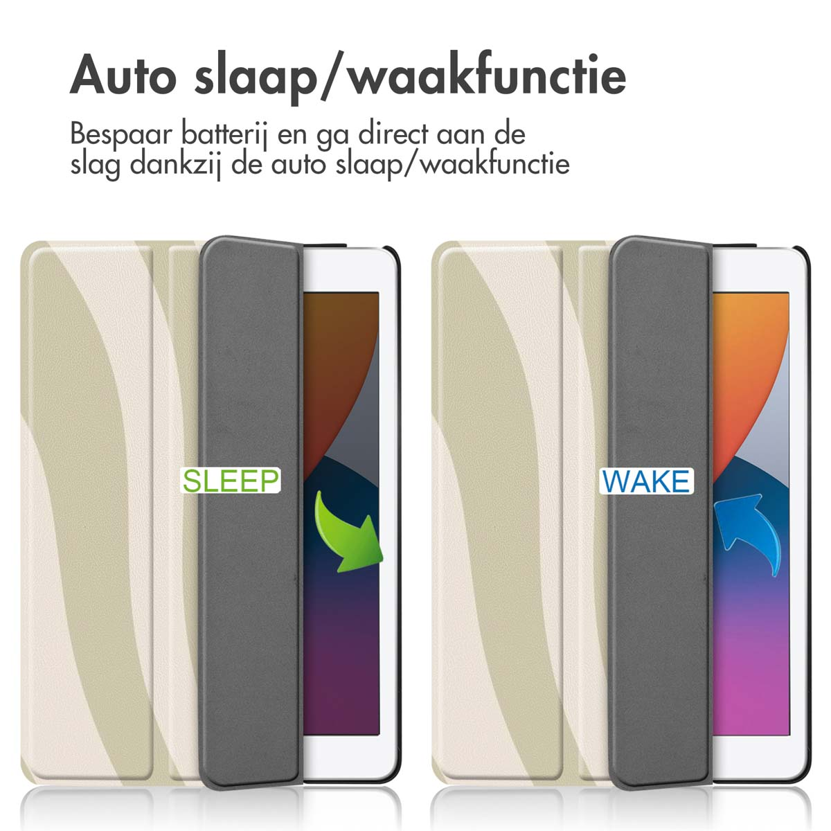 Tablet cases with 'sleep' and 'wake' labels. Beige and gray covers are shown.