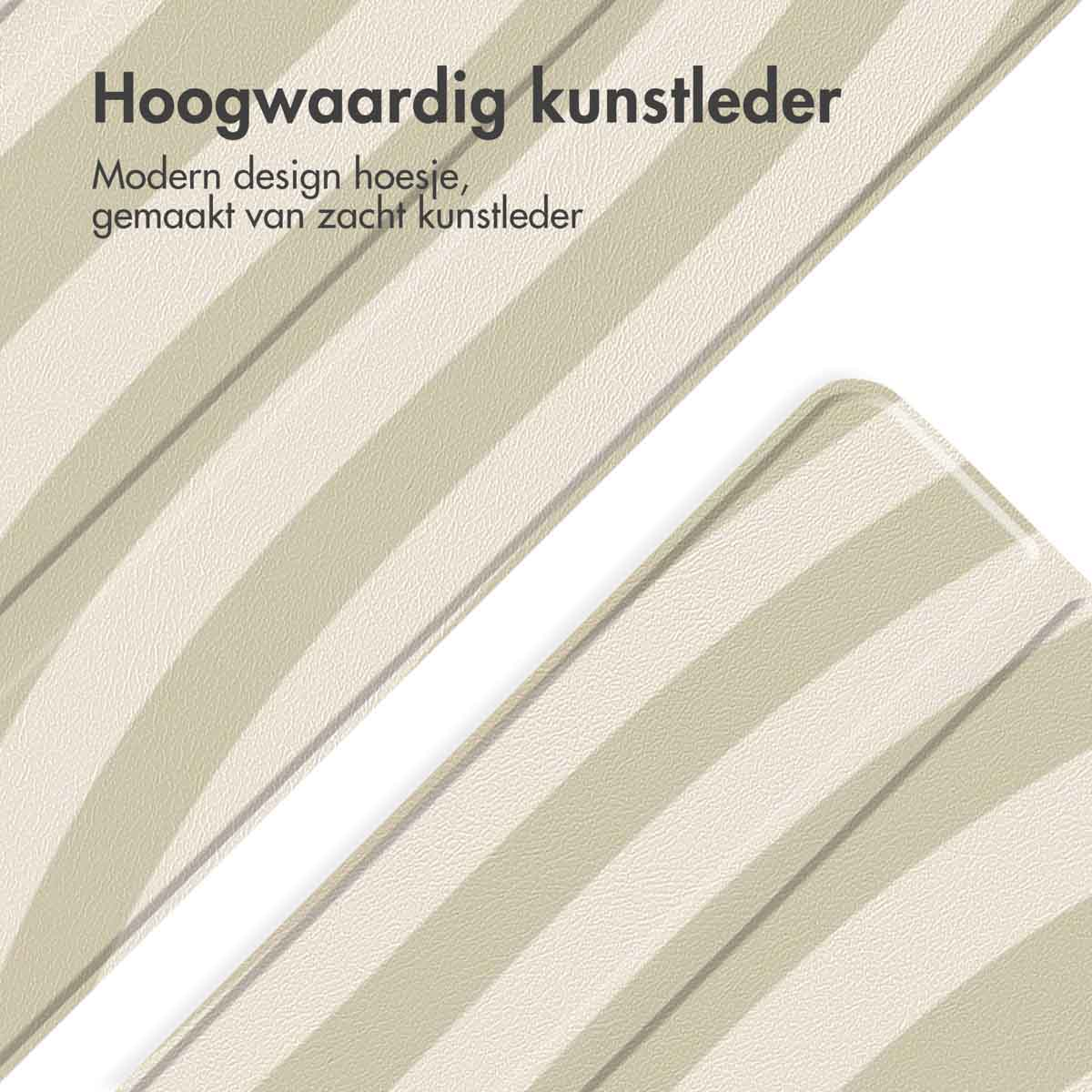 Close up of a tablet case with horizontal beige stripes. The background is white.