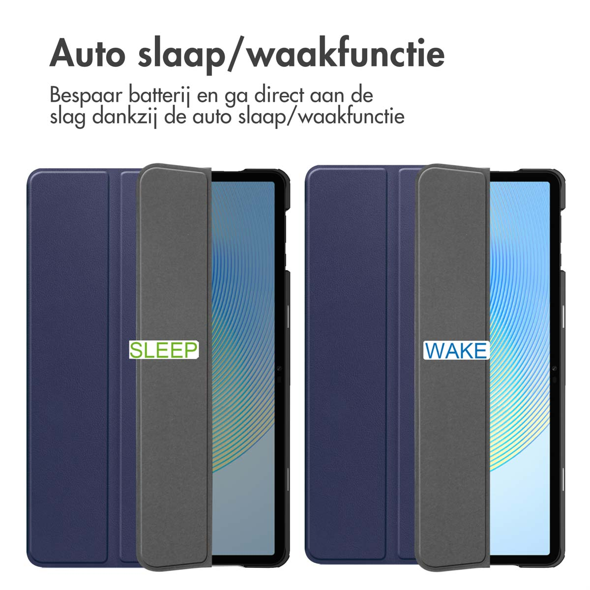 Étui bleu pour tablette montrant les modes SLEEP et WAKE.