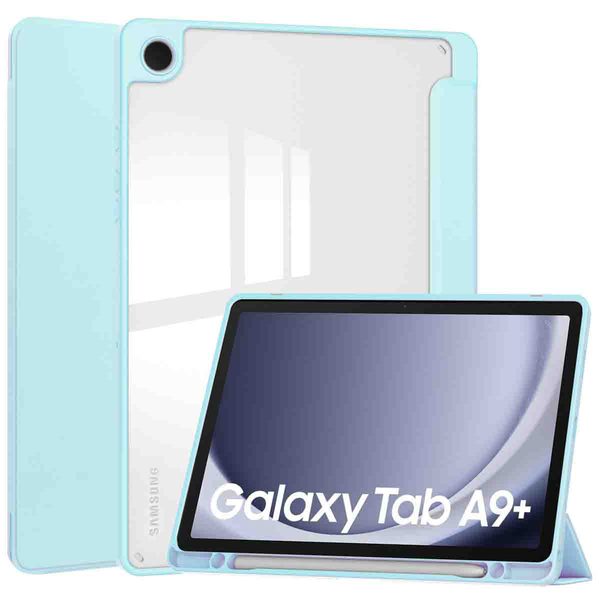 Tablet in a light blue case, open. The case is supporting the tablet. Clear back. Samsung Galaxy Tab A9+.