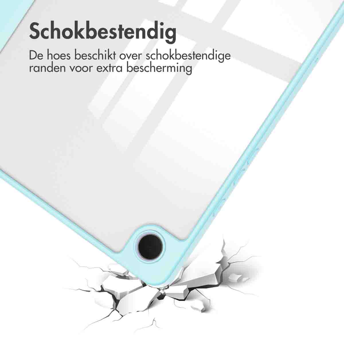 Tablet case with light blue frame. Cracks around a corner indicating drop protection. White background.