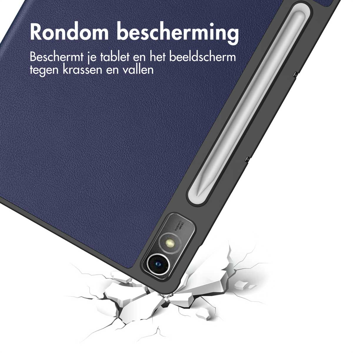 A blue tablet case with a stylus holder is shown falling onto a cracked white surface.