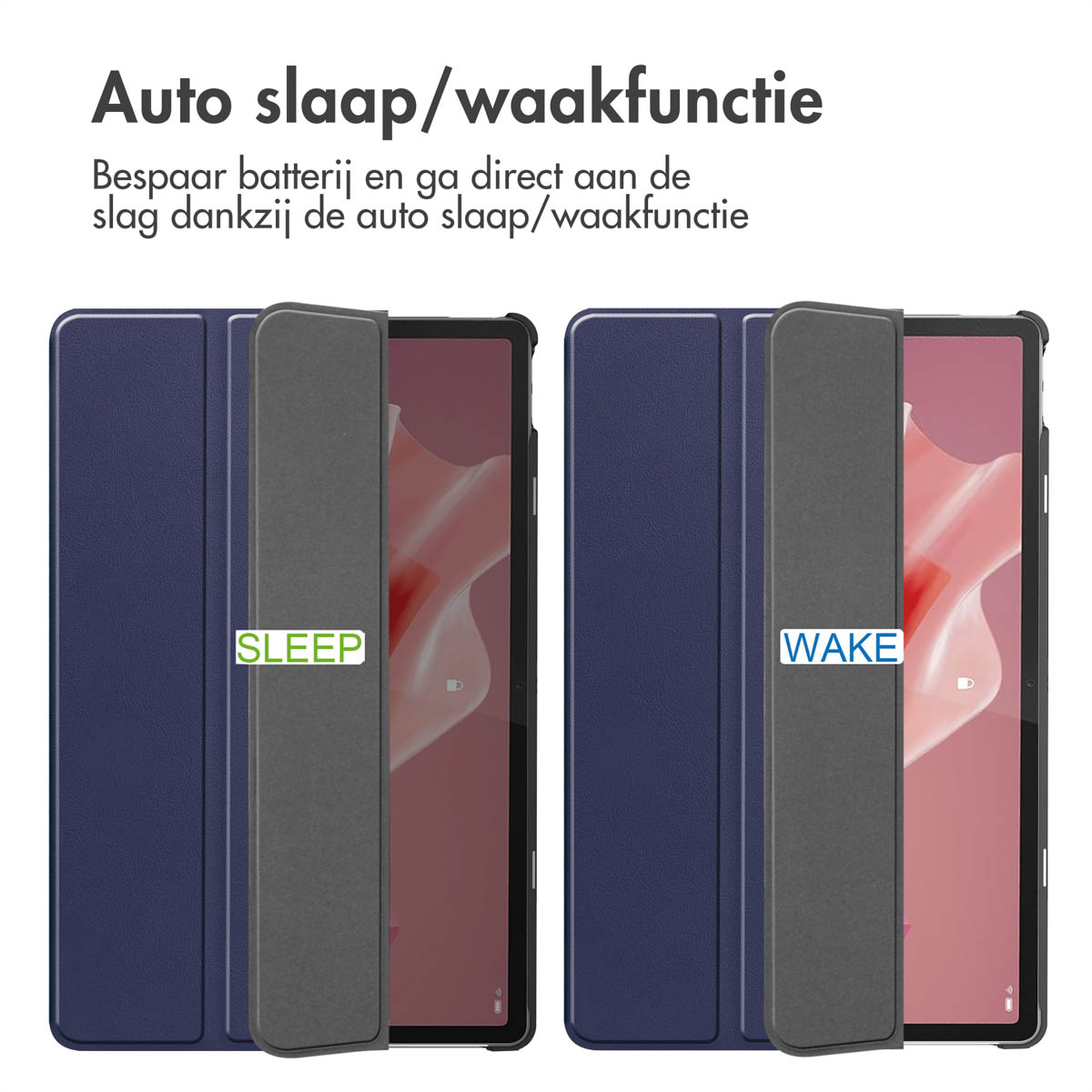 Two tablet cases. Left shows sleep mode, right shows wake mode.