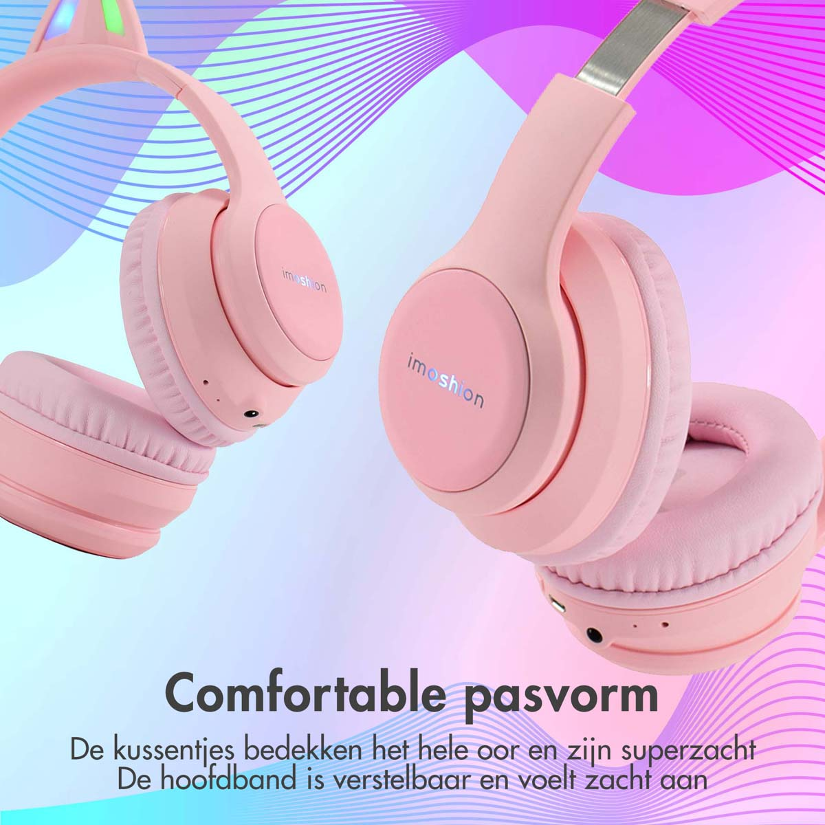 IMOSHION Children's Headphones with LED Illuminated Cat Ears - AUX / Bluetooth Kids Over-ear Headphones Pink}