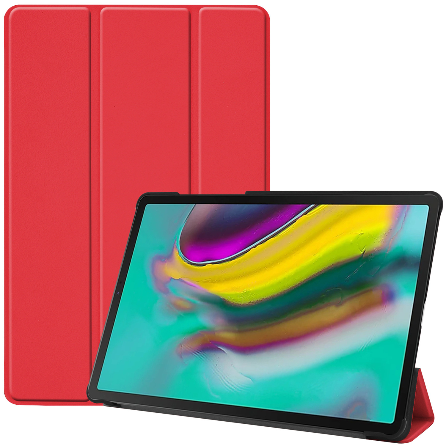 A red tablet with a red cover. The screen shows colorful abstract patterns.