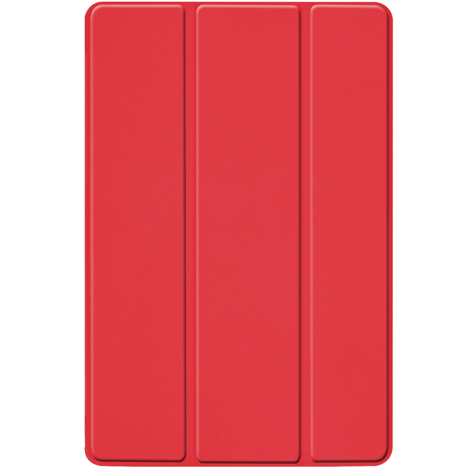 Red tablet case with three vertical folds, on a white background.