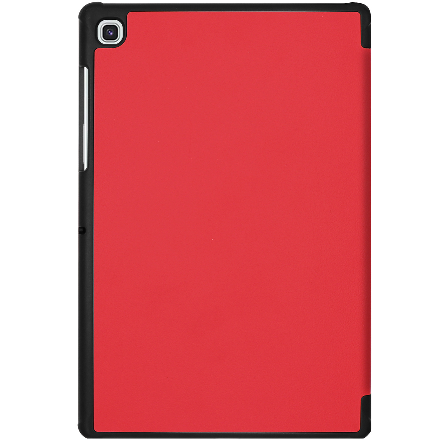Red tablet case with black trim and camera cutout.