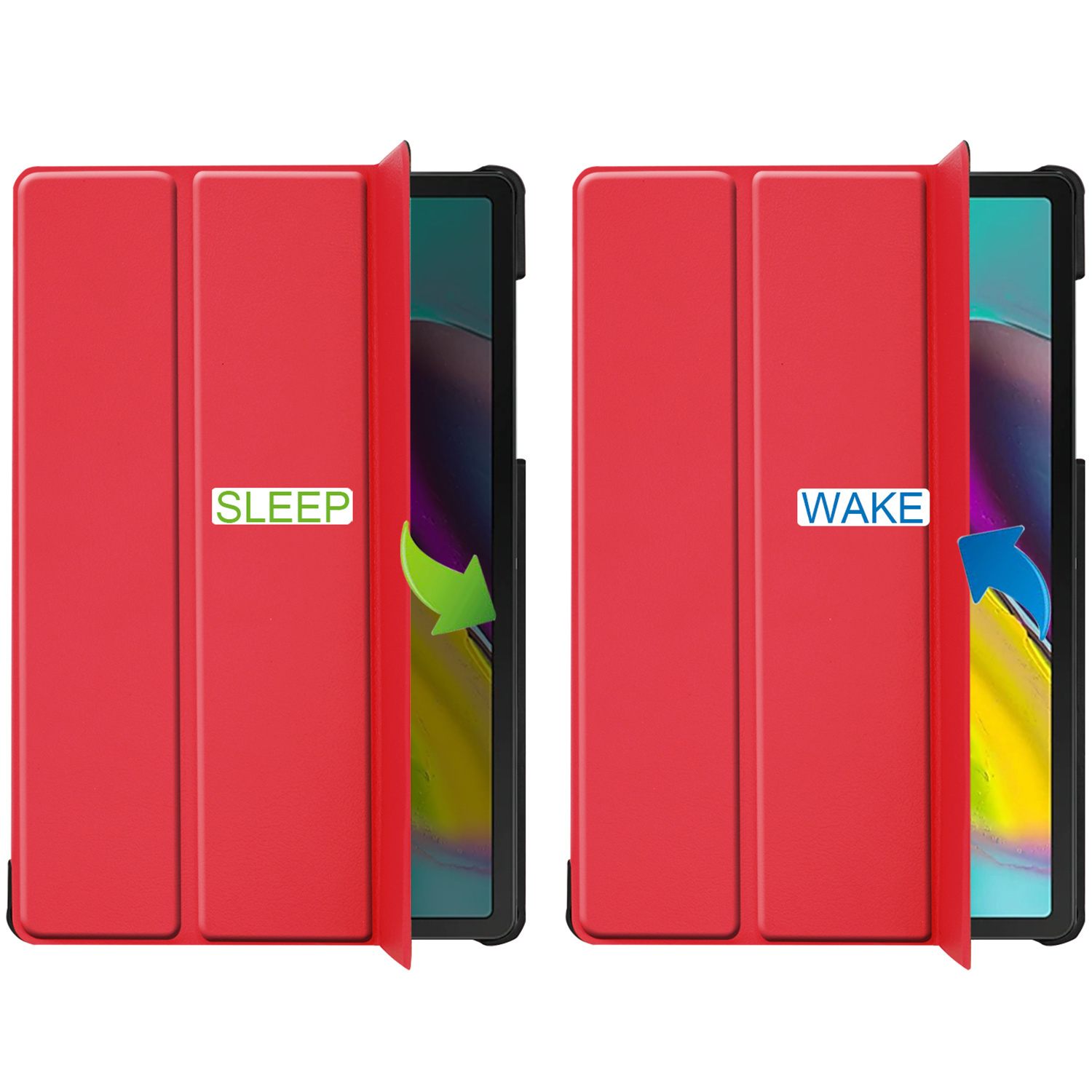Red tablet case in sleep and wake positions with arrows.