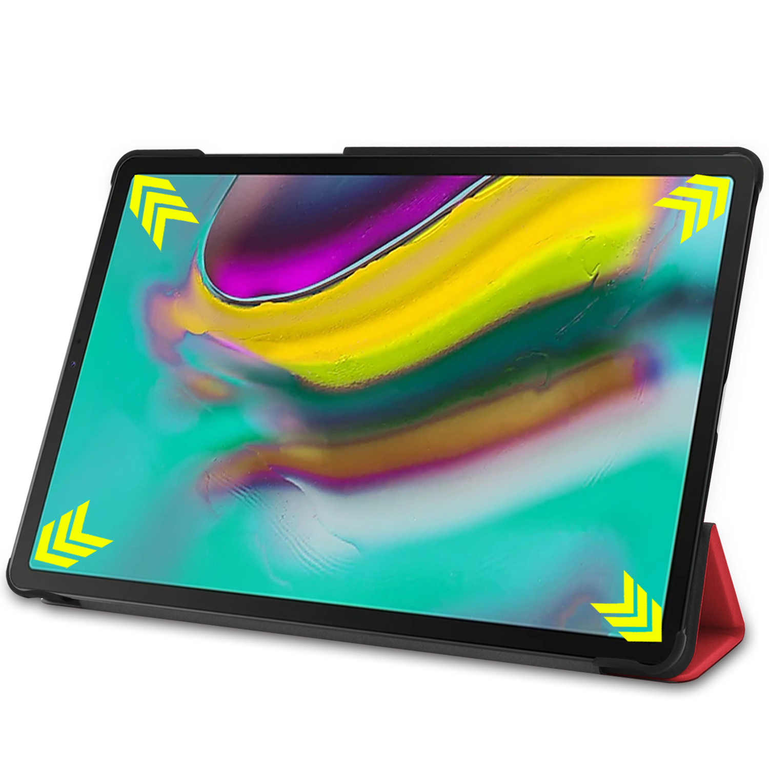 A black tablet with a colorful screen and a red case.