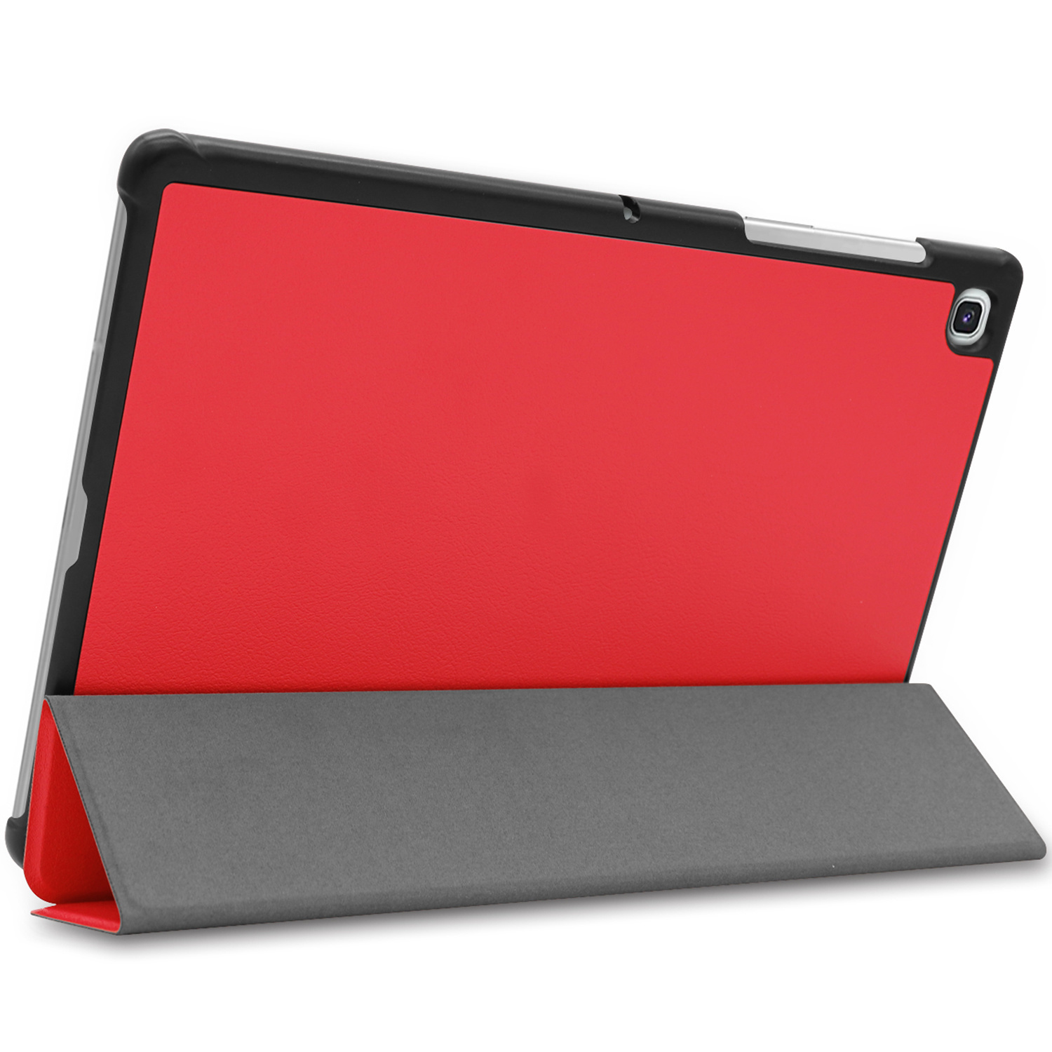 Red and gray tablet case functioning as a stand.