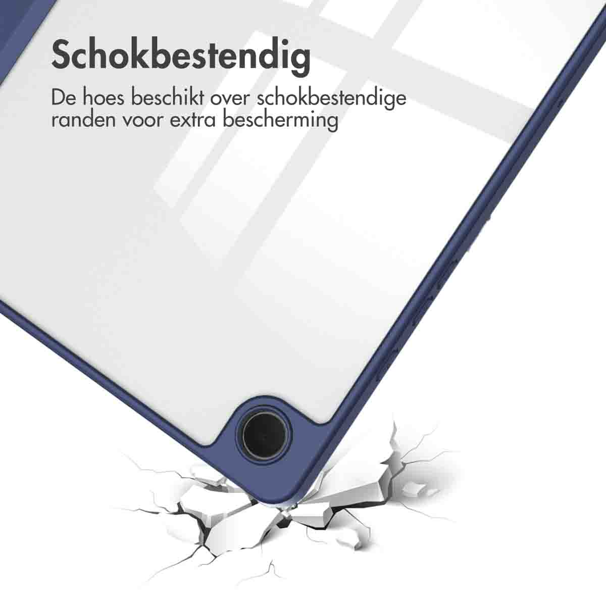 A tablet case, blue frame, white screen, with a corner broken off, showing the case's durability.