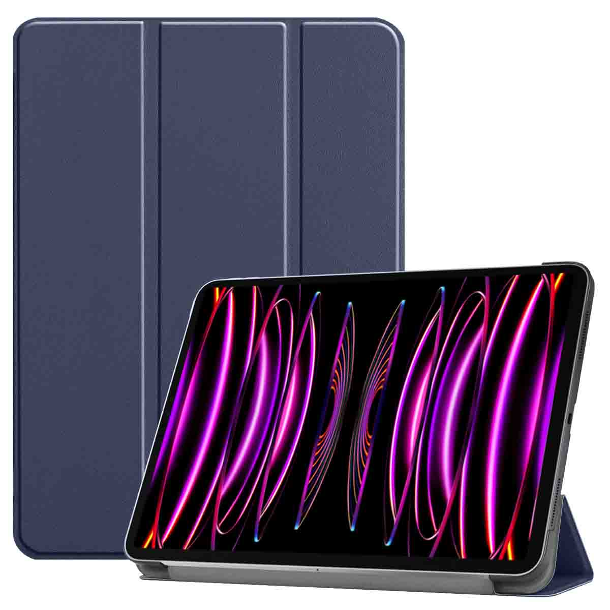 Blue tablet case with a tablet inside, displayed in standing position, showing a colorful display.