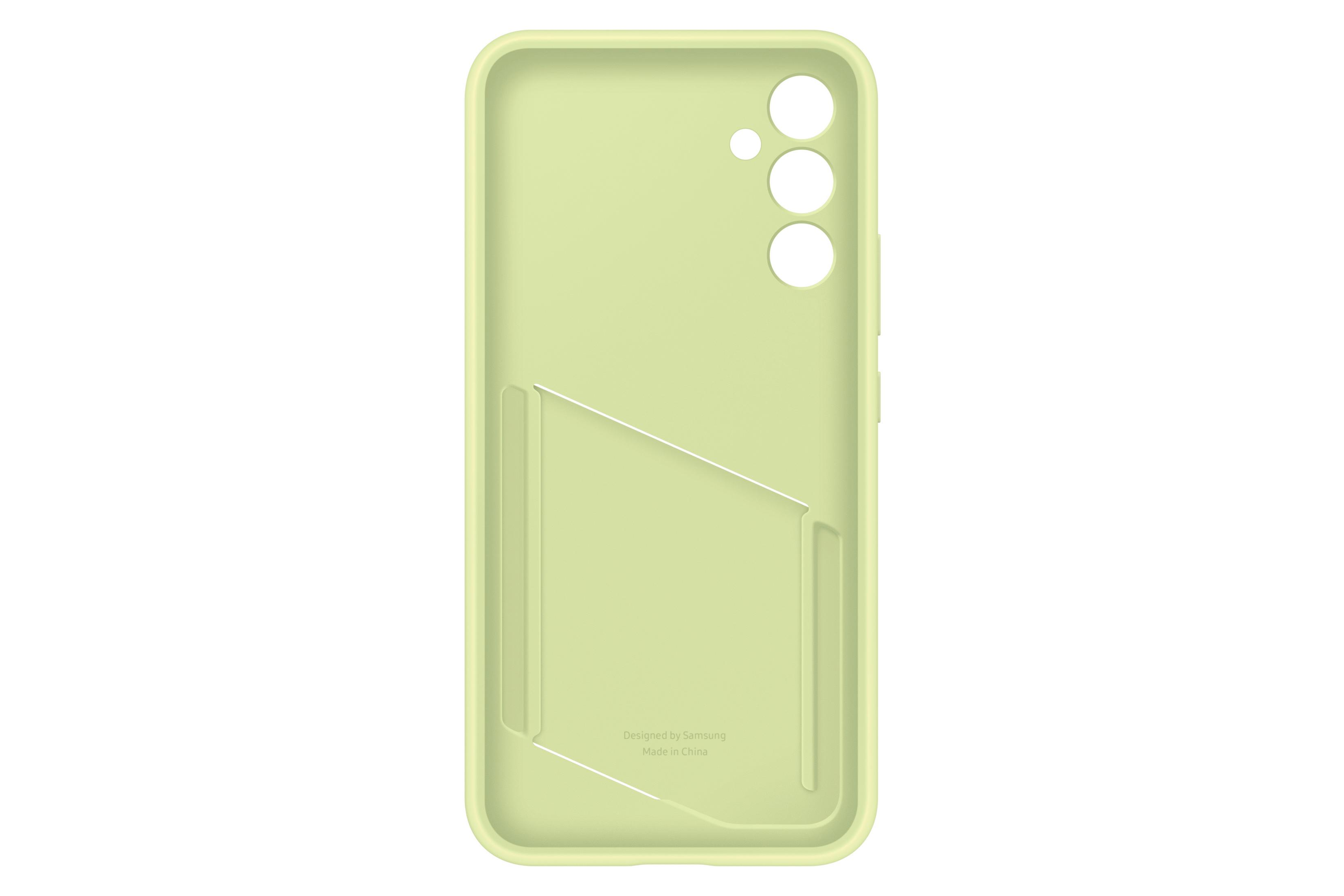 Een lichtgroene telefoonhoes met een kaartsleuf en een witte achtergrond.