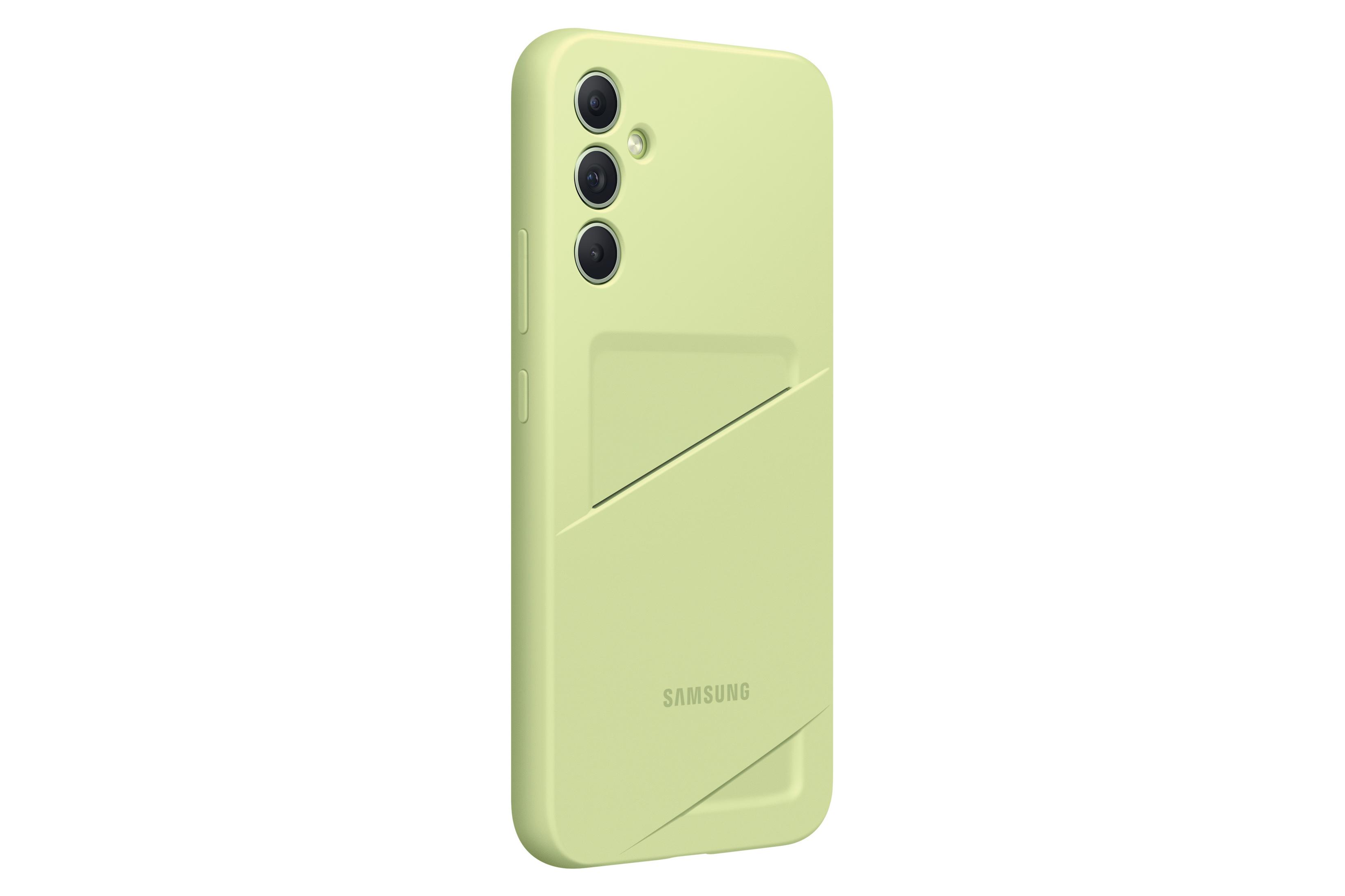 Groene telefoonhoes met een kaarthouder ontwerp. De telefoonhoes staat op een witte achtergrond.