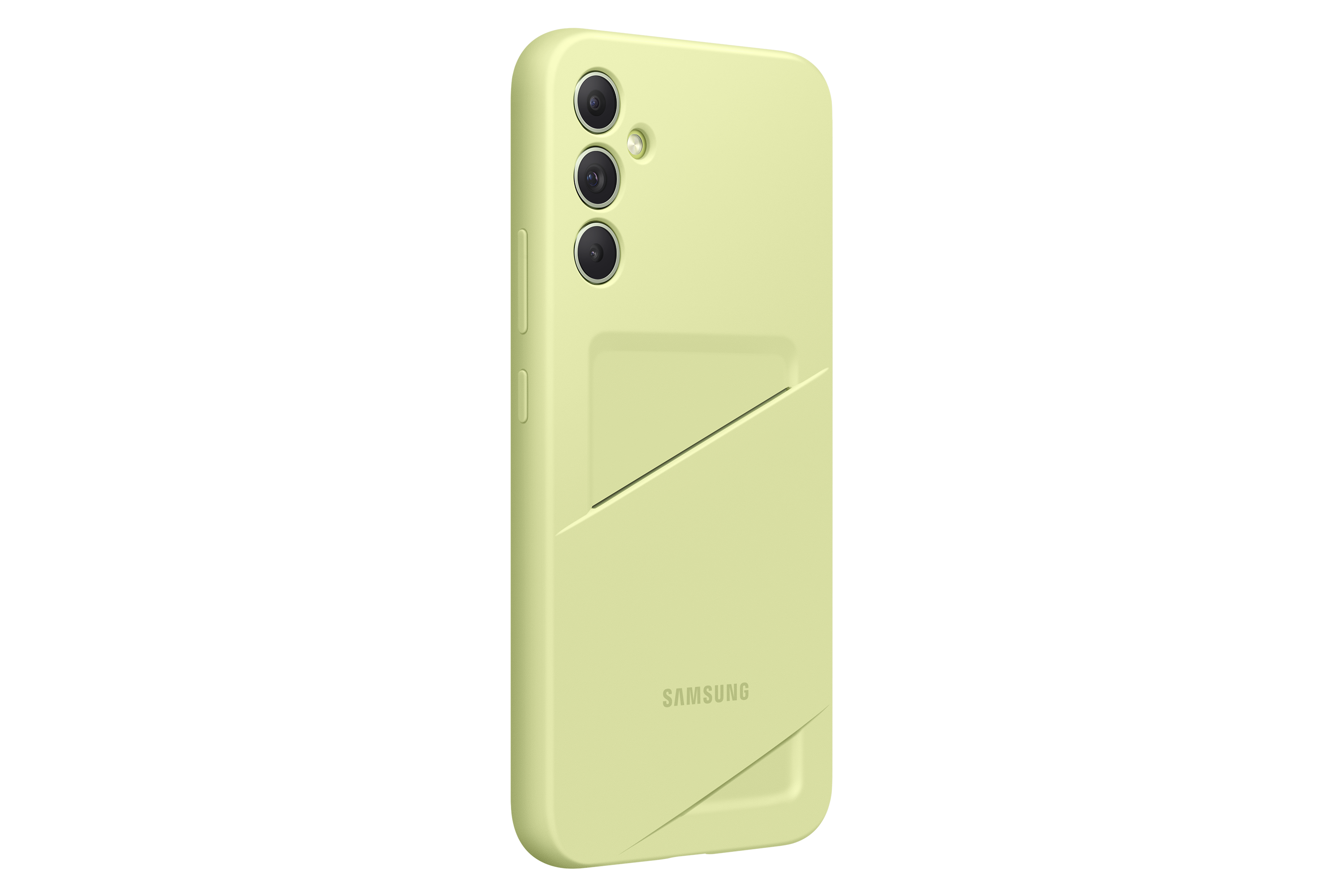 Een lichtgroene telefoonhoes met drie camera's. De hoes heeft een zak aan de achterkant.