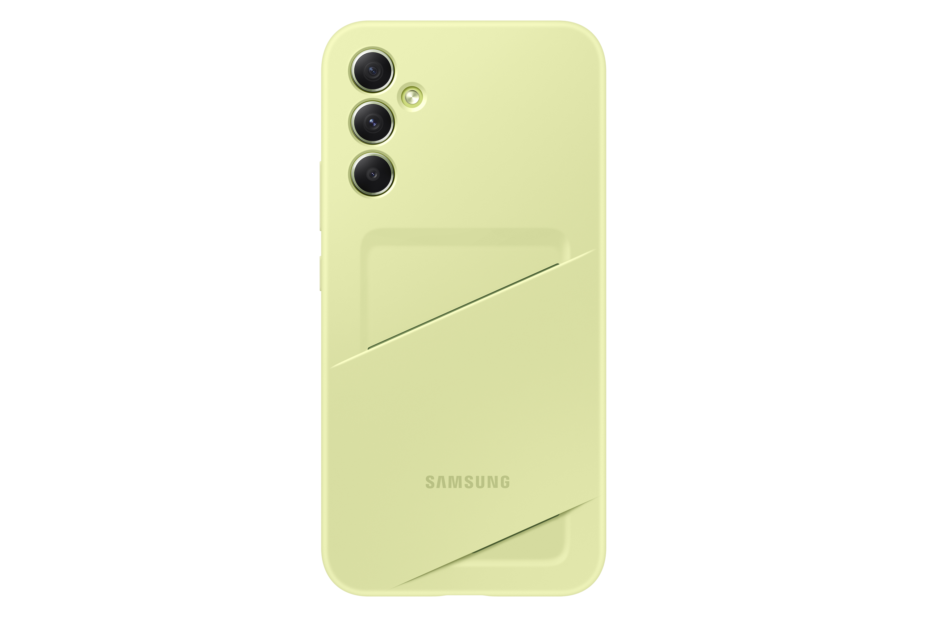Een lichtgroene telefoonhoes met een drievoudige camera-opstelling en een kaartsleuf aan de achterkant, met het Samsung-logo.
