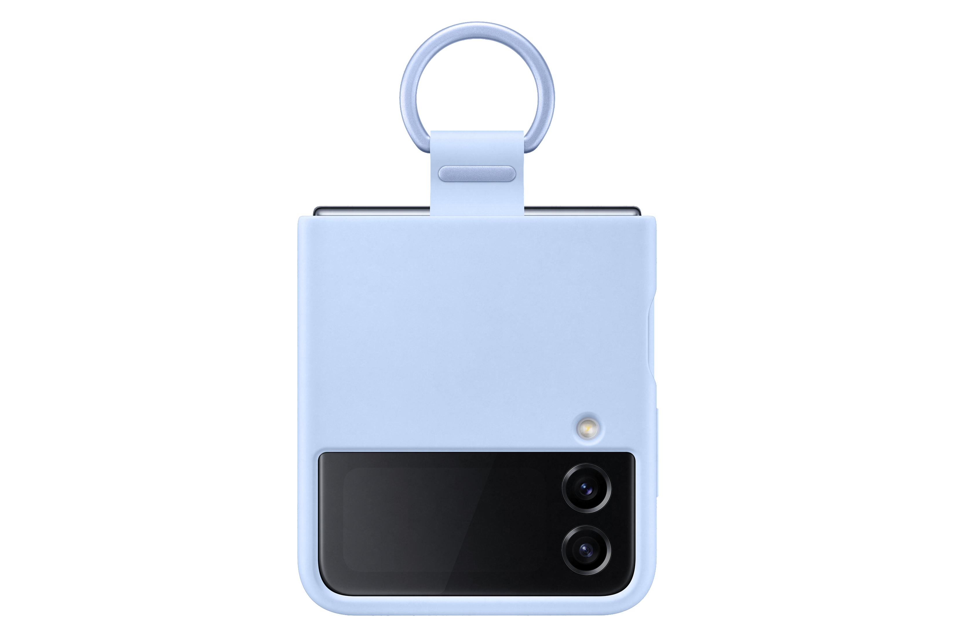 Hellblaue Handyhülle für ein faltbares Telefon, mit Kamera und Ring, weißer Hintergrund.