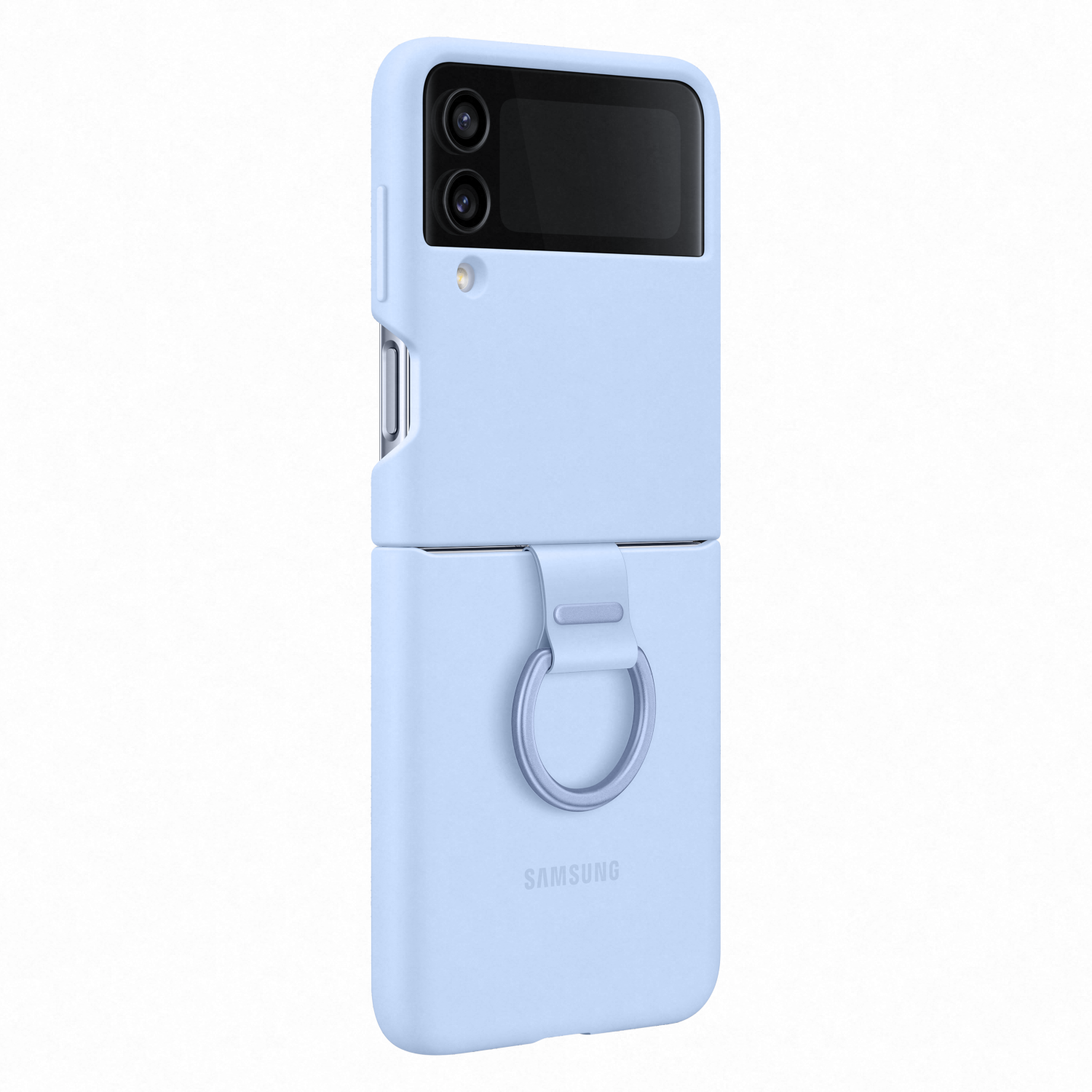 Hellblaue Samsung Galaxy Z Flip Handyhülle, geschlossen. Mit Ringhalter und Samsung-Logo.