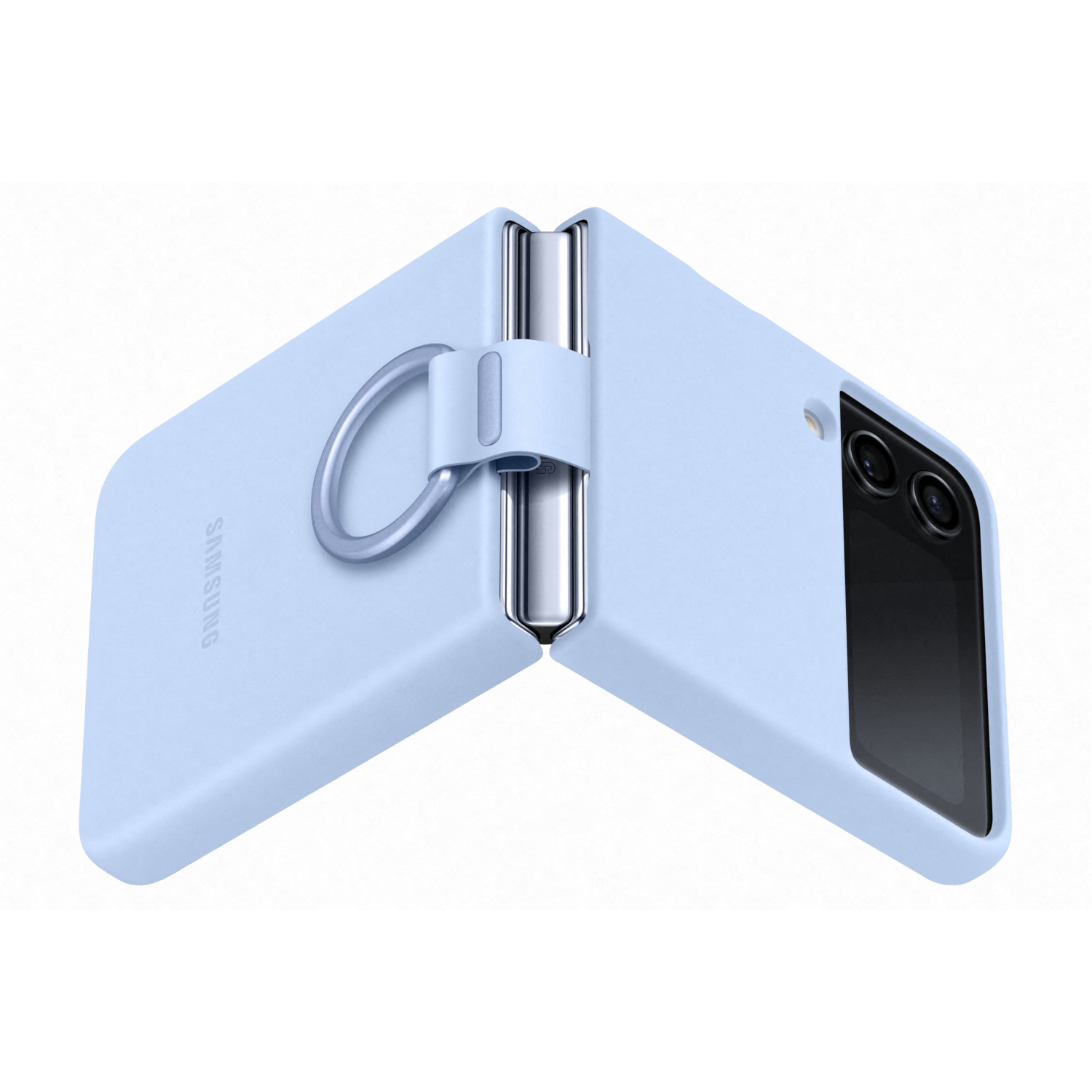Hellblaue Samsung-Handyhülle, aufgeklappt. Die Hülle hat einen Ring und zwei Kameras.