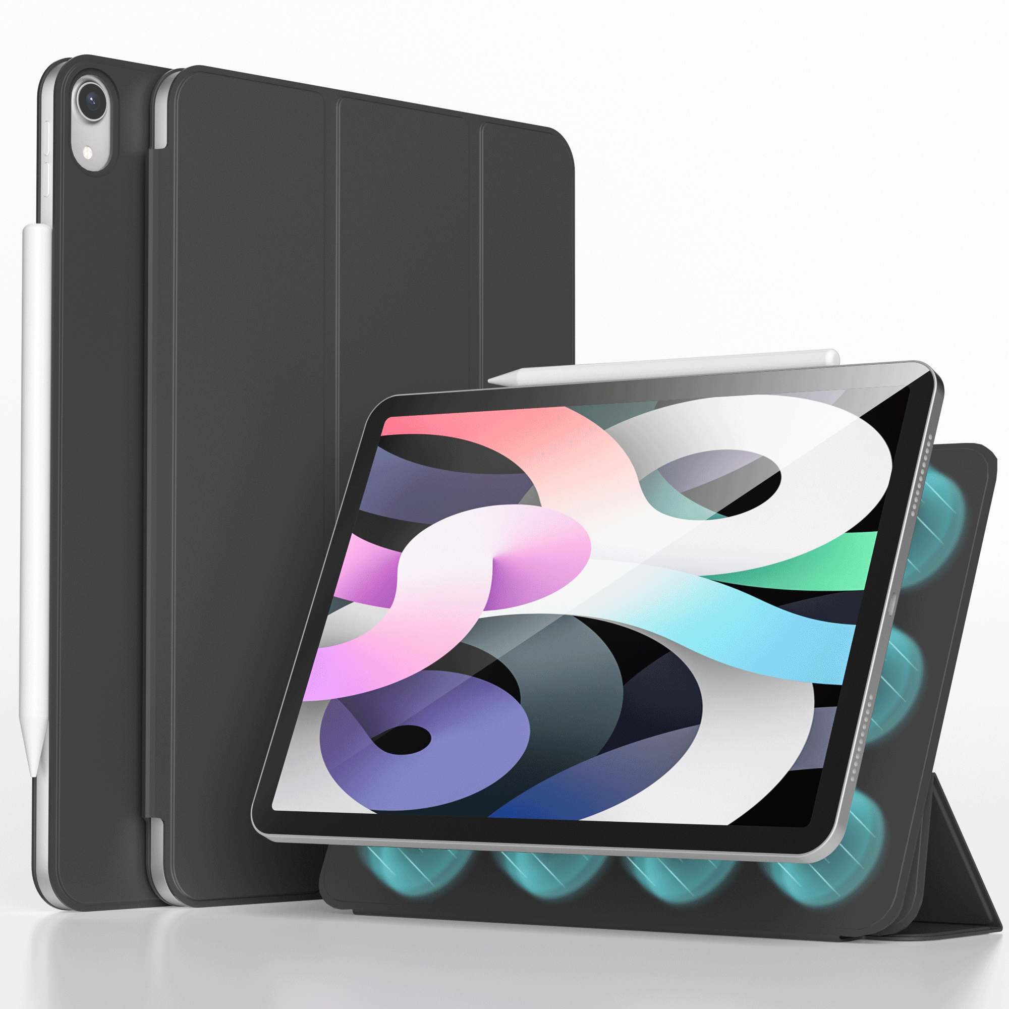 Een tablet met een stylus. De tablet zit in een zwarte case met een standaard.