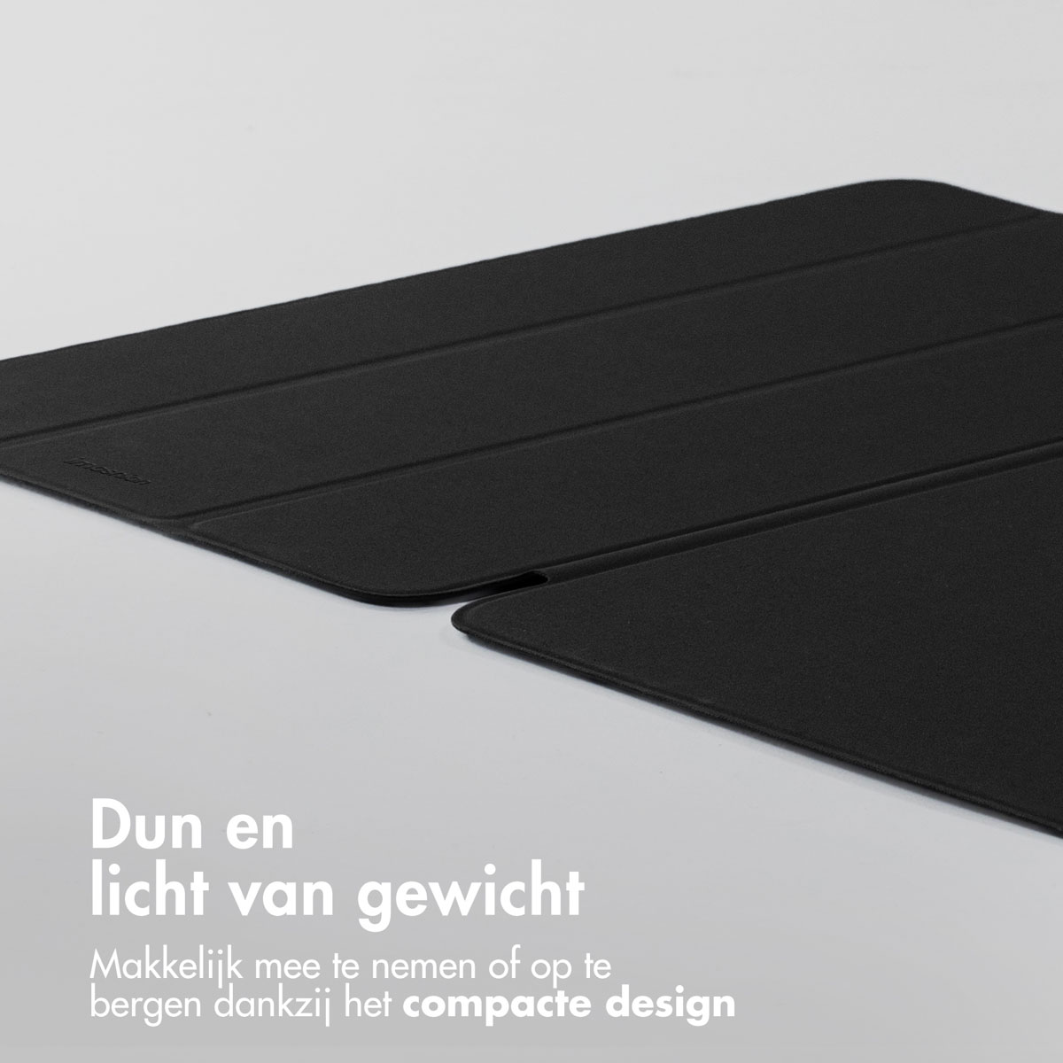 A black tablet case, folded, is shown. The surface is smooth and simple. Text reads, 'Thin and lightweight'.